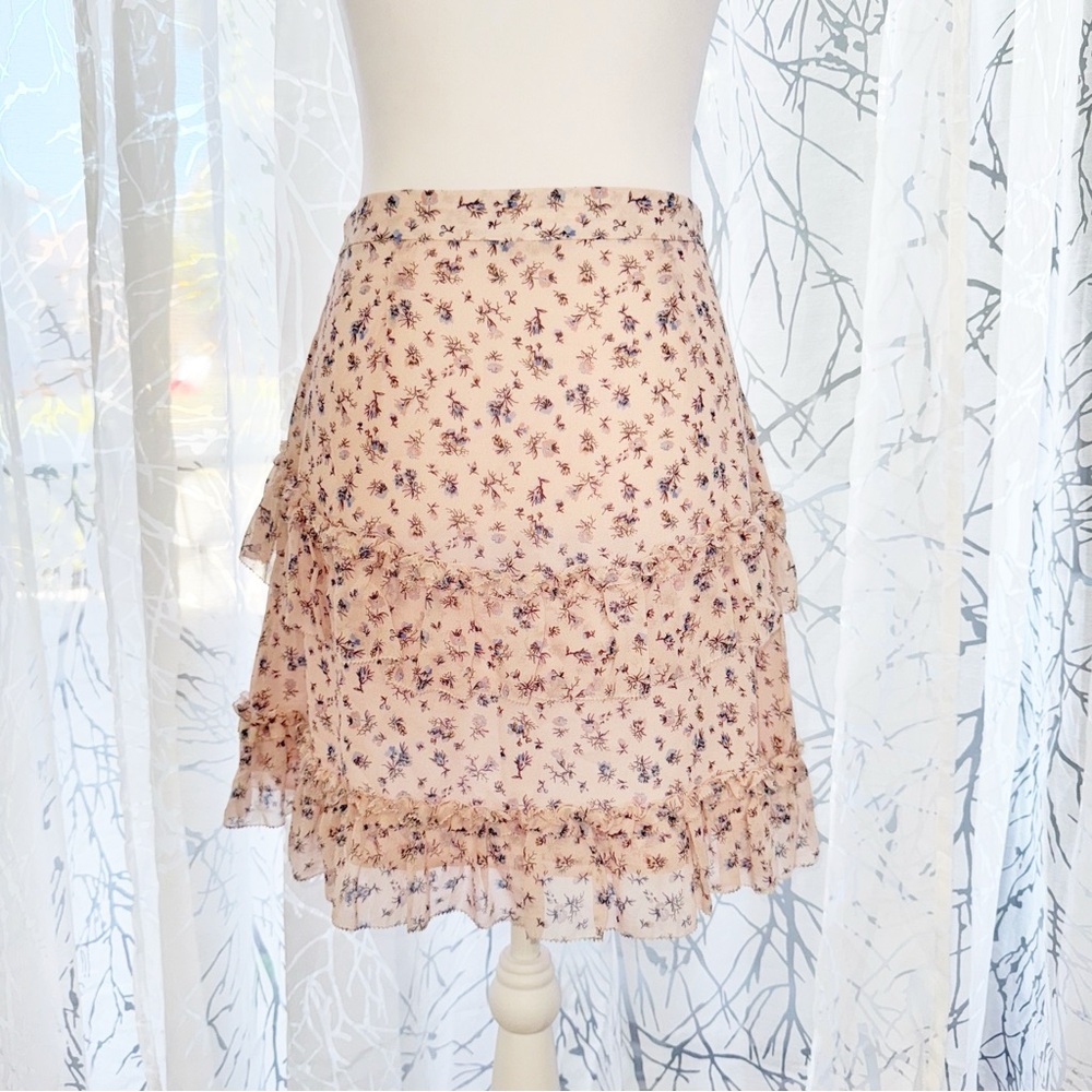 LOVESHACKFANCY PINK BLUE FLORAL PRINT RUFFLE SILK MINI SKIRT - Picture 2 of 7